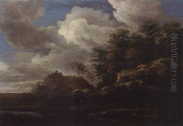 River Landscape With A Fisherman And A Traveller And His Dog Oil Painting by Jacob Van Ruisdael