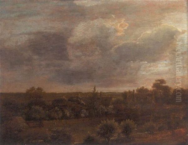 A Panoramic Landscape With Cottages Set Amongst Trees Oil Painting by Jacob Van Ruisdael