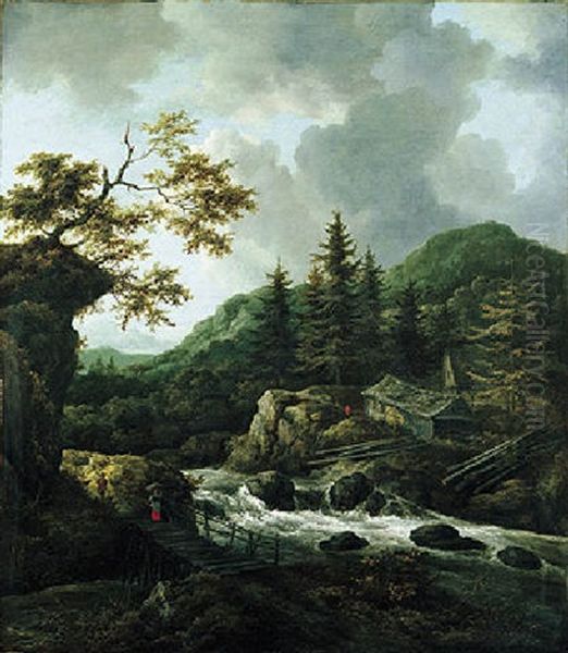 A Torrent In A Scandinavian Wooded Landscape With A Peasant Crossing A Wooden Bridge Oil Painting by Jacob Van Ruisdael