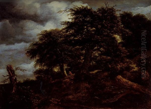 A Wooded Landscape With A Traveller And His Dog On A Path Oil Painting by Jacob Van Ruisdael