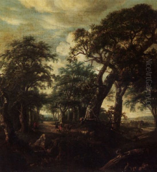 A Wooded Landscape With Figures, A Donkey, And A Flock Of Sheep On A Track Oil Painting by Jacob Van Ruisdael