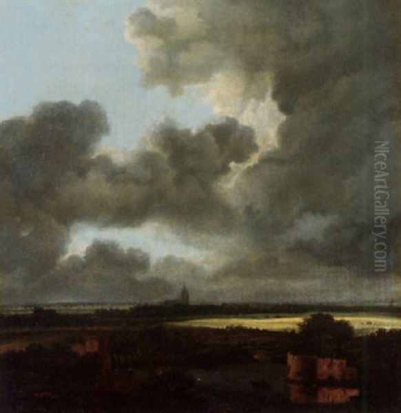 A Landscape With A Lake In The Foreground And A Church In The Distance, With A Gathering Storm Oil Painting by Jacob Van Ruisdael