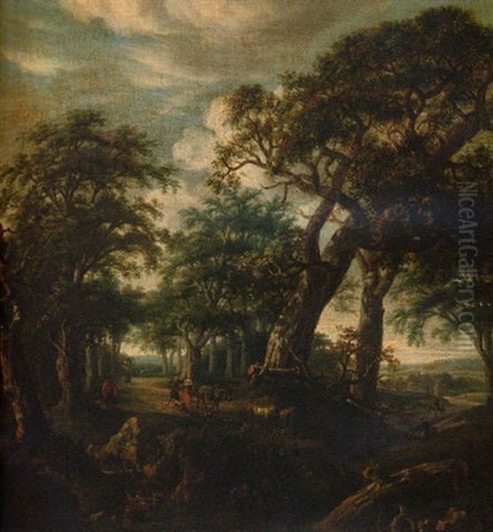 A Wooded Landscape With Drovers, A Donkey And Goats On A Track Oil Painting by Jacob Van Ruisdael