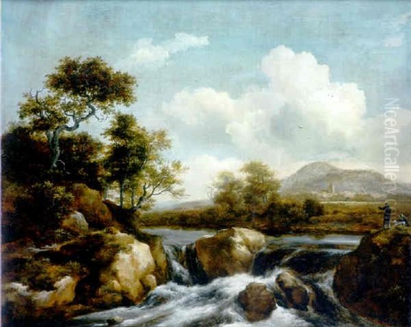 A River Landscape With A Waterfall, Two Men And A Dog Looking On From A Bank On The Right, A Town Beyond Oil Painting by Jacob Van Ruisdael