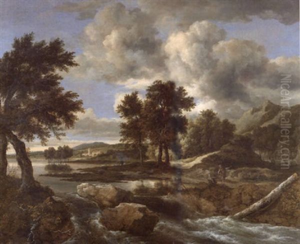 A River Landscape With Three Fishermen Near A Waterfall Oil Painting by Jacob Van Ruisdael