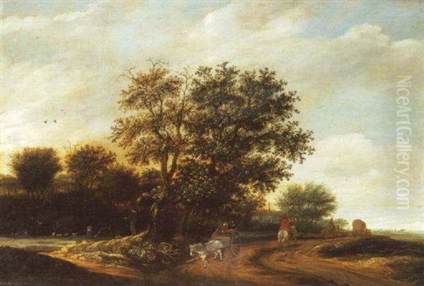 Cavaliers Et Promeneurs Dans Une Carriole Sur Un Chemin Pres D'un Bois Oil Painting by Jacob Van Ruisdael