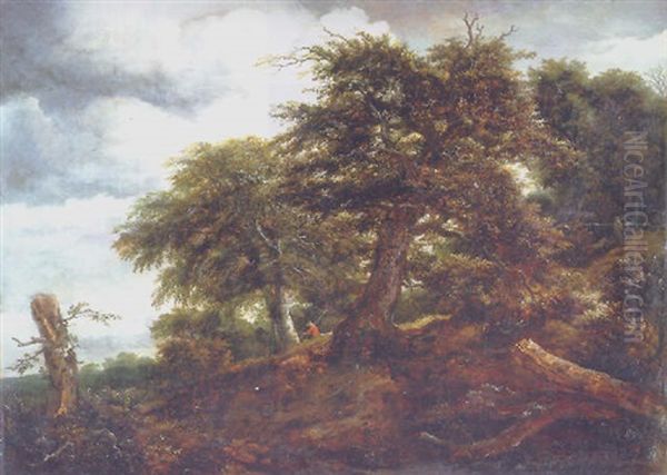 A Traveller At The Edge Of A Wood In The Dunes, On A Cloudy Day Oil Painting by Jacob Van Ruisdael