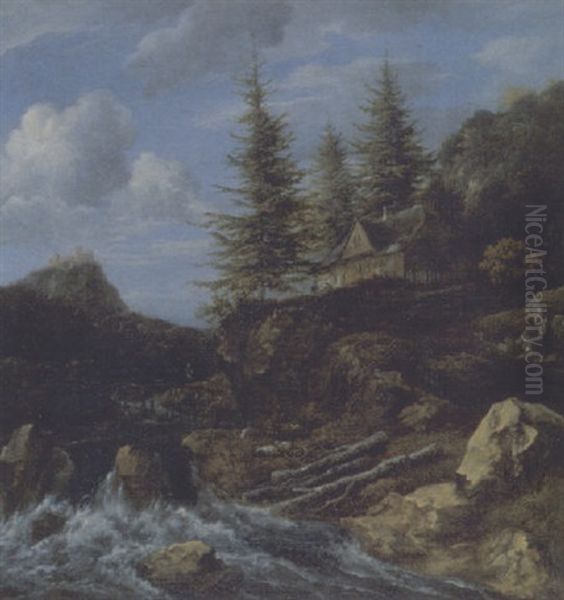 Wildwasser Mit Haus, In Der Ferne Eine Burg Auf Dem Hugel Oil Painting by Jacob Van Ruisdael