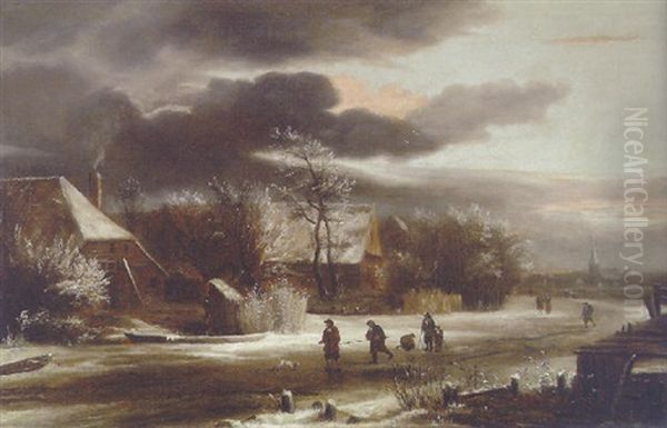 A Winter Landscape With Villagers On A Path, A Church Beyond Oil Painting by Jacob Van Ruisdael