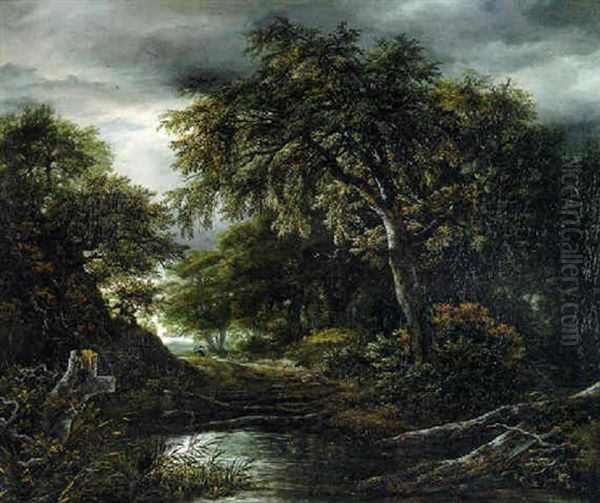 A Wooded Landscape In Stormy Weather With A Pool, A Peasant And A Dog On A Track Oil Painting by Jacob Van Ruisdael