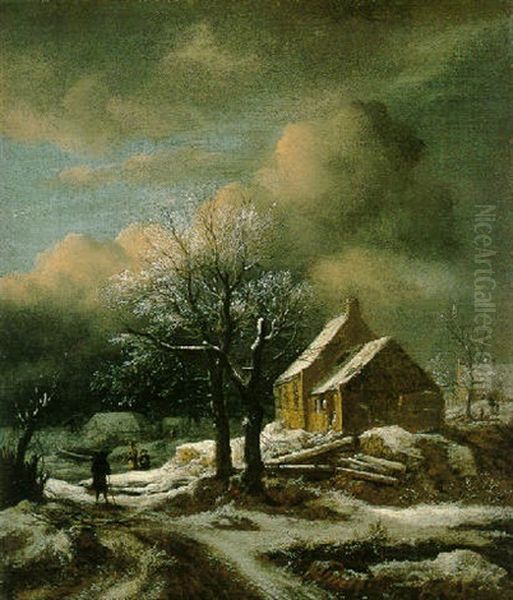 A Winter Landscape With Figures On A Road Passing Through A Hamlet Oil Painting by Jacob Van Ruisdael