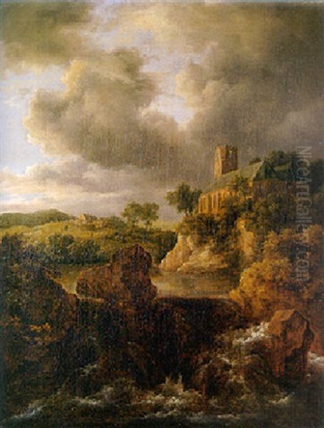 A Waterfall In Mountainous Landscape, A Church On A Cliff Beyond Oil Painting by Jacob Van Ruisdael