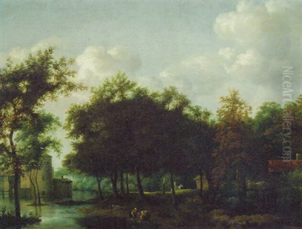 A Wooded Landscape With Washerwomen On A River Bank, A Castle Beyond Oil Painting by Jacob Van Ruisdael