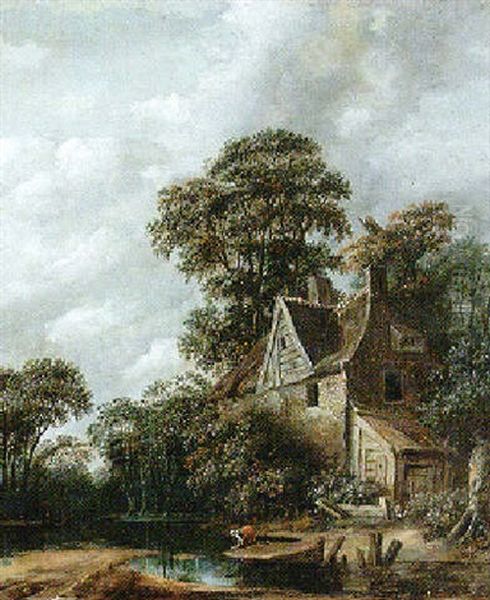 Wooded River Landscape With A Country Cottage And A Woman Washing Laundry Oil Painting by Jacob Van Ruisdael