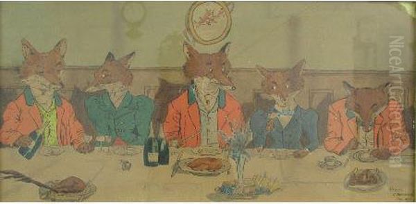 Humorous Study Of Hunt Supper With Foxes Dressed As People Oil Painting by Gladys M. Botterill