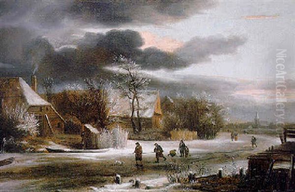 A Winter Landscape With Villagers On A Path, A Church Beyond Oil Painting by Jacob Van Ruisdael