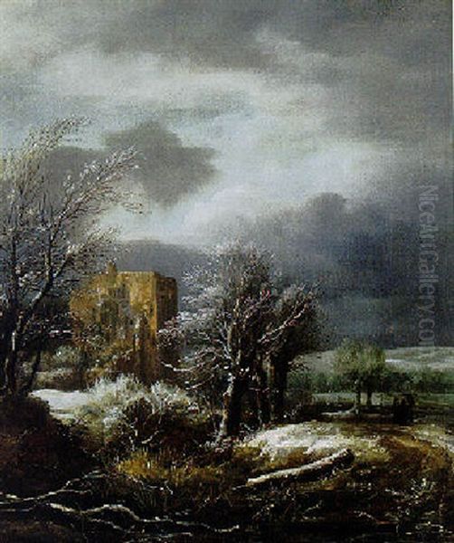 Travellers In A Winter Landscape, A Ruin Beyond by Jacob Van Ruisdael