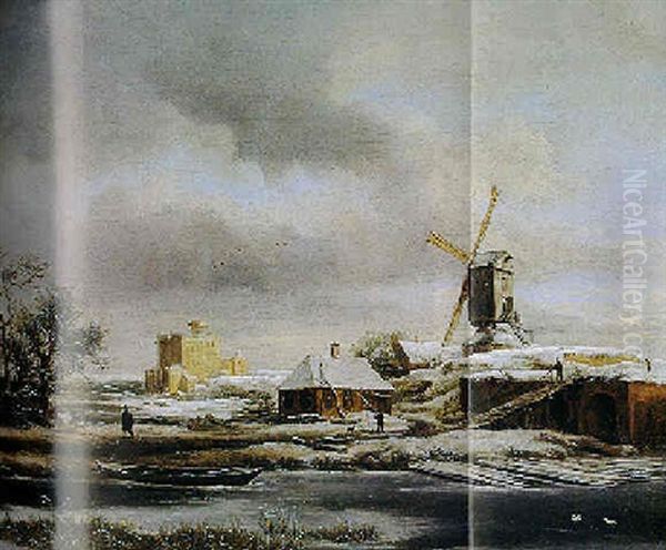 Winter Landscape With A Frozen Canal, Farmhouses And A Windmill Beyond Oil Painting by Jacob Van Ruisdael