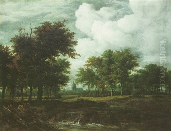 An River Landscape With A Windmill, A Church, And Shepherds With Their Sheep Beneath Trees On The Further Bank Oil Painting by Jacob Van Ruisdael