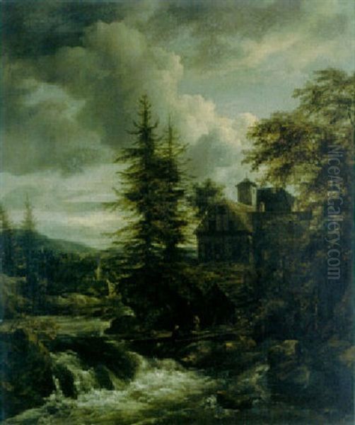 A Scandinavian Landscape With A Watermill Oil Painting by Jacob Van Ruisdael