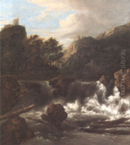 A Mountainous Landscape With A Waterfall Oil Painting by Jacob Van Ruisdael