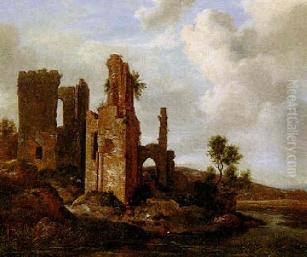 Landschaft Mit Burgruine, Jager Und Hunden Oil Painting by Jacob Van Ruisdael