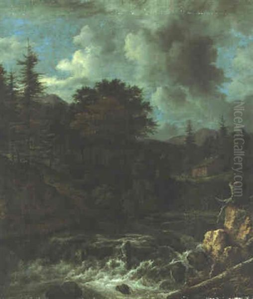 A Torrent In A Scandinavian Wooded Landscape Oil Painting by Jacob Van Ruisdael