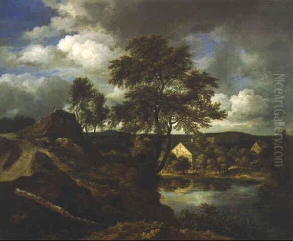 A Rocky River Landscape With A Shepherd On A Track And Cottages Beyond Oil Painting by Jacob Van Ruisdael