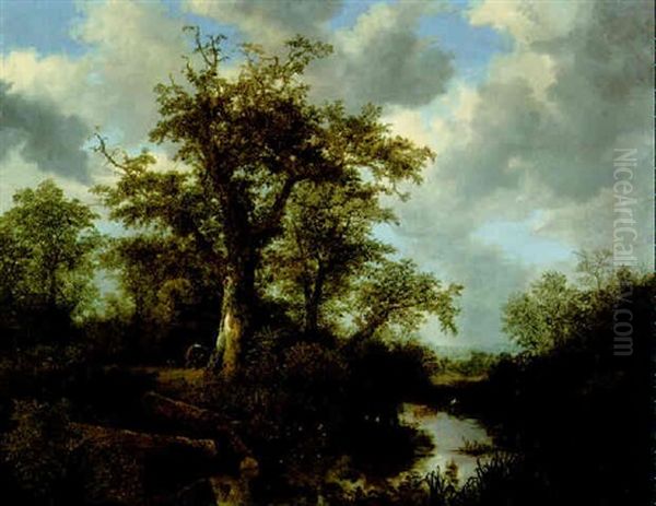 A Wooded Landscape With Cattle Crossing A Stream In The Distance Oil Painting by Jacob Van Ruisdael