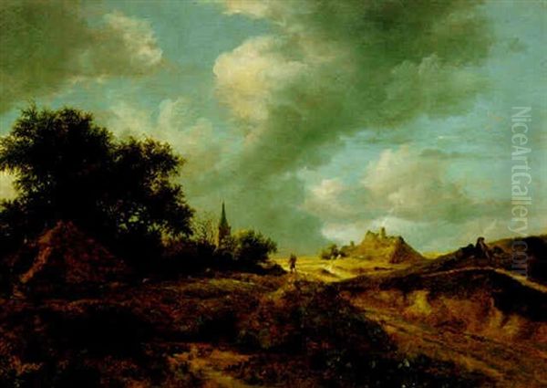 A Dune Landscape With Figures By The Side Of A Path, Thatched Cottages And A Church In The Distance Oil Painting by Jacob Van Ruisdael