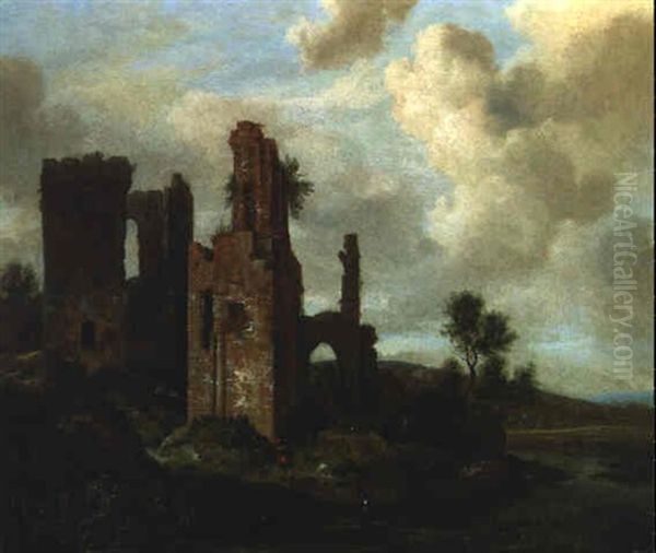 A River Landscape With Travellers By A Ruined Castle Oil Painting by Jacob Van Ruisdael