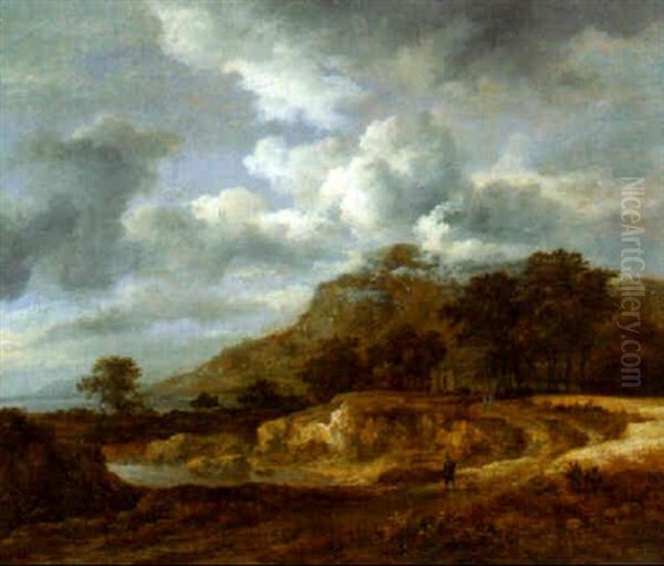 Travellers On A Sandy Track In A Mountainous Coastal Landscape On A Cloudy Day Oil Painting by Jacob Van Ruisdael