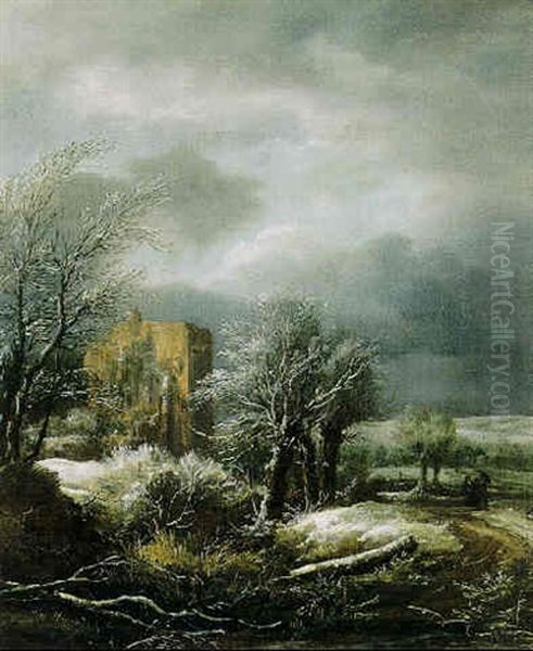 Travellers In A Winter Landscape, A Ruin Beyond by Jacob Van Ruisdael