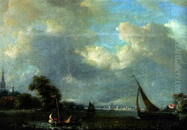 Barges On A River Near A Church, A Town Beyond Oil Painting by Jacob Van Ruisdael