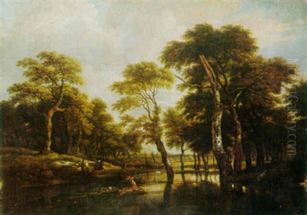 Wooded Landscape With Hunters Chasing A Stag Oil Painting by Jacob Van Ruisdael