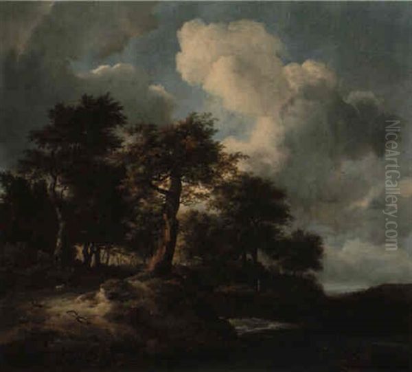 A Landscape With A Torrent At The Margin Of A Wood And Figures On A Road Oil Painting by Jacob Van Ruisdael