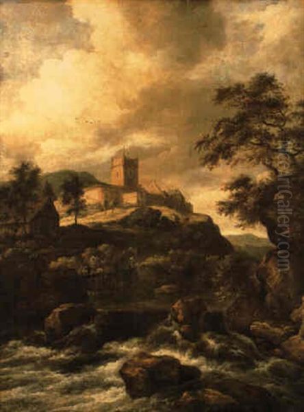 A Waterfall With Blenheim Castle Beyond Oil Painting by Jacob Van Ruisdael