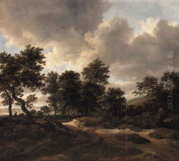 A Wooded Landscape With A Huntsman, And Peasants With Dogs On A Track Oil Painting by Jacob Van Ruisdael