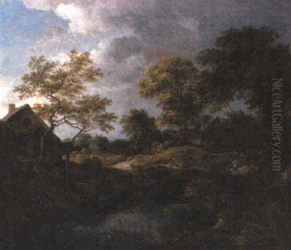 A Wooded River Landscape With Travellers On A Path By A Hamlet Oil Painting by Jacob Van Ruisdael