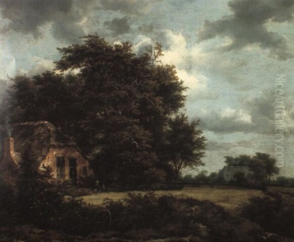 Bosky Landscape With Peasants Seated Outside A Thatched Cottage By A Field Oil Painting by Jacob Van Ruisdael