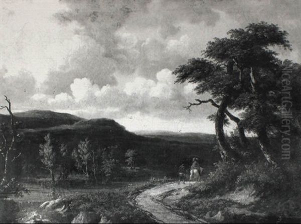 Paysage Avec Cavalier Et Homme Marchant Vus De Dos Oil Painting by Jacob Van Ruisdael