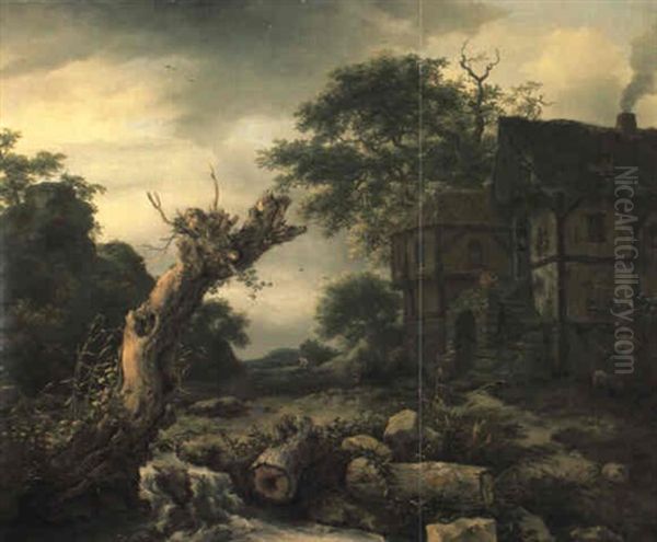 Mountainous Wooded Landscape With Cottages By A Stream Oil Painting by Jacob Van Ruisdael