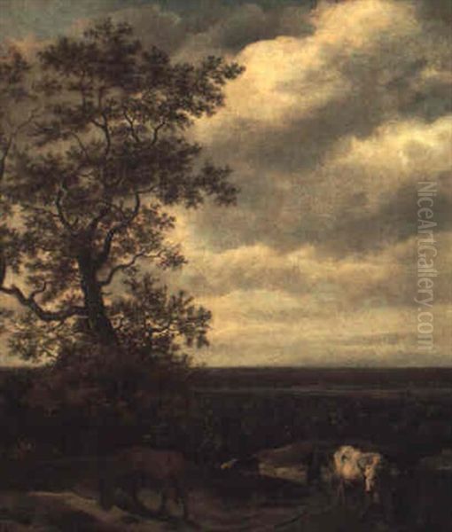 An Extensive Landscape With A Stream And A Drover With      Cattle by Jacob Van Ruisdael