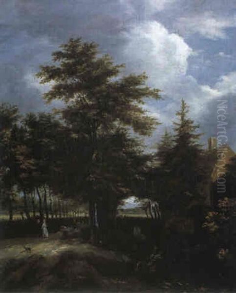 Eine Allee Fuhrt An Einem Kanal Entlang, An Dem Ein Bauernhaus Steht Oil Painting by Jacob Van Ruisdael