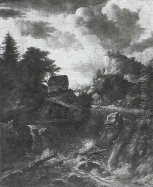 A Wooded River Landscape With A Cascade Oil Painting by Jacob Van Ruisdael