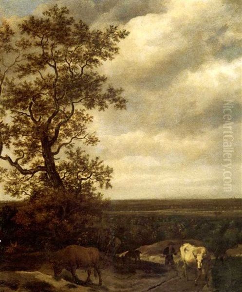 An Extensive Landscape With A Stream And A Drover With Cattle Oil Painting by Jacob Van Ruisdael