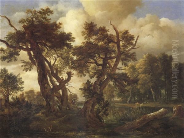 A Wooded Landscape With A Figure Dogs And Cattle Oil Painting by Jacob Van Ruisdael