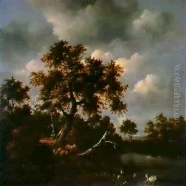 Paysage Au Chene Et Animaux Au Bord D'un Etang Oil Painting by Jacob Van Ruisdael