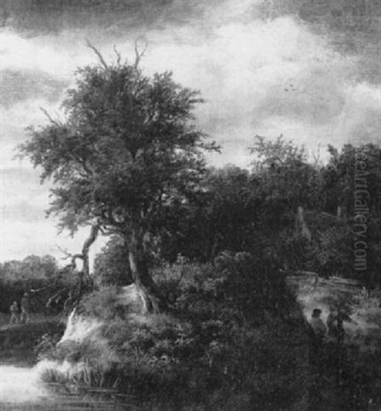 A Wooded River Landscape With Figures Resting By A Cottage Oil Painting by Jacob Van Ruisdael