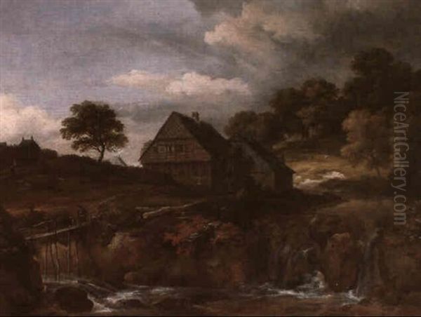 A Wooded River Landscape With A Cottage By A Waterfall Oil Painting by Jacob Van Ruisdael